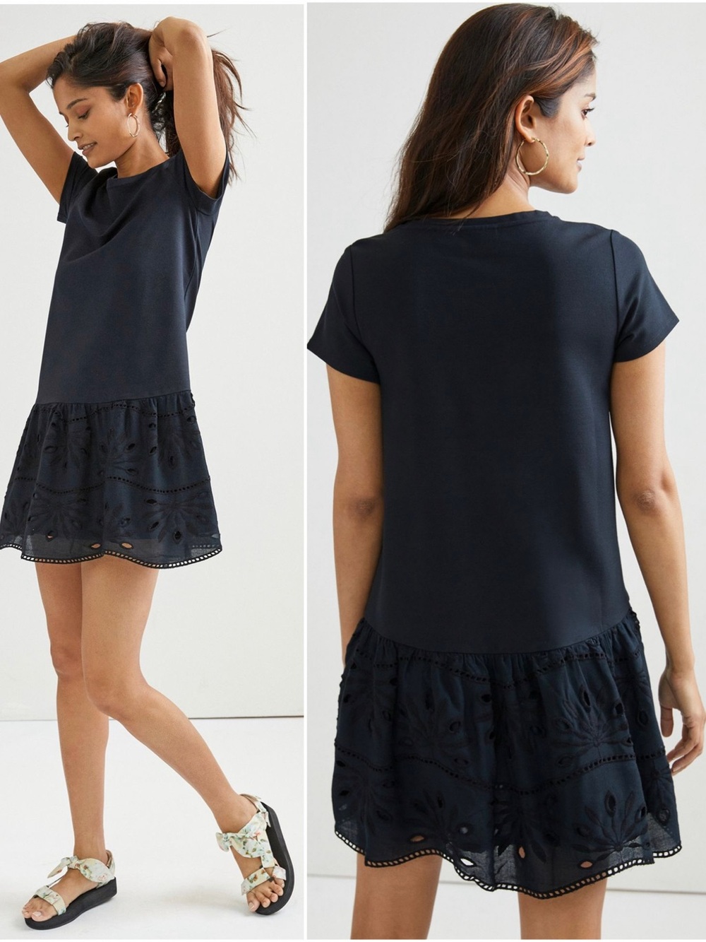 ANTHROPOLOGIE Maeve Black Flounced Eyelet Mini Shift Dress Size S - Picture 1 of 11